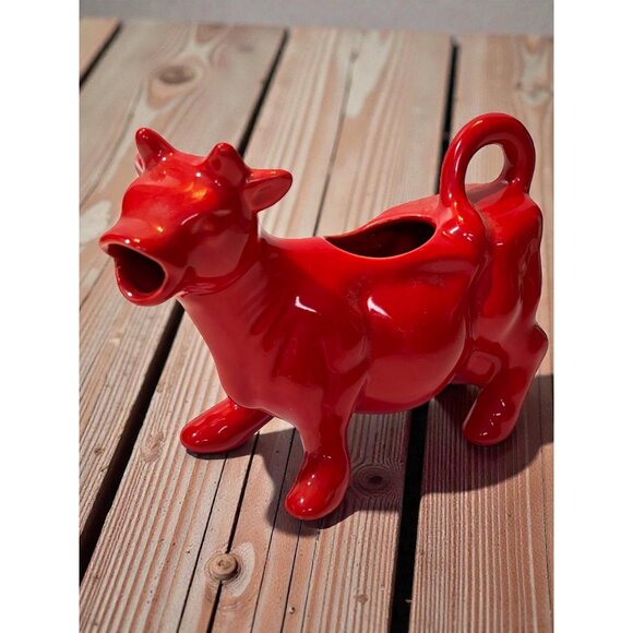 Red Ceramic Cow Creamer Figurine Vintage Milk Jug Kitchen Decor Collectible Glos - Picture 1 of 9